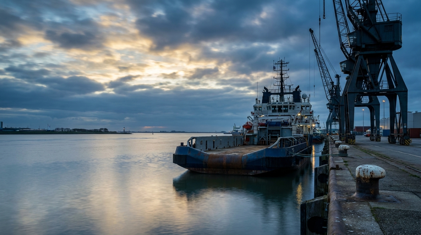 Offshore-schip aan een kade in een deltahaven in de avond