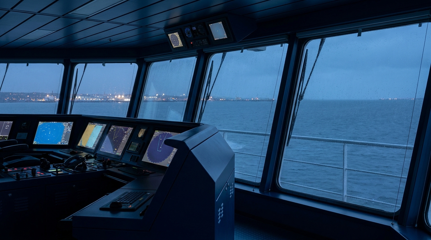 Brug van een schip bij schemer, met radar- en kaartschermen